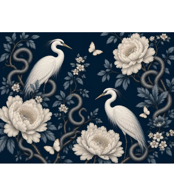 Virelia Luxury Chinoiserie Wallpaper Mural | Custom Navy Blue Heron & Peony Wall Mural
