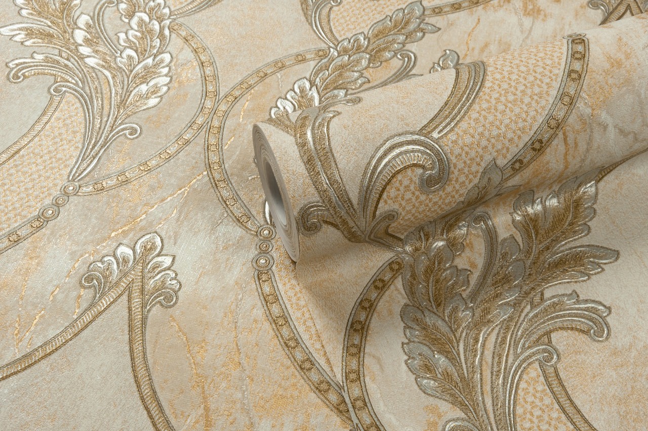 Hot Embossed wallpaper on Non-Woven Base Vinil Arona VIP3-1035 Golden -Silver 10,05 x 1,06 m