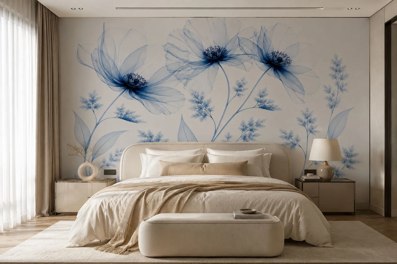 Azure Veil Blue Floral Wallpaper Mural | Elegant Botanical Wall Mural for Luxury Interiors