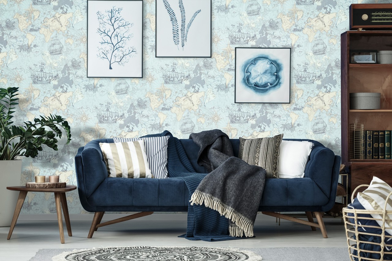 Hot Embossed wallpaper on Non-Woven Base Vinil Odyssey SHT 5-1539 Blue-Beige 10,05 x 1,06 m